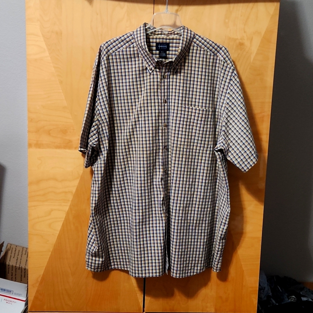 Men's Harbor Bay short sleeved plaid button-down shirt size 3xl tan, blue